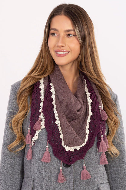Elegant triangular viscose neckerchief scarf by AT, measuring 52x152 cm, featuring exquisite lace details and pearl fringes, ideal for adding a luxurious touch to any outfit.