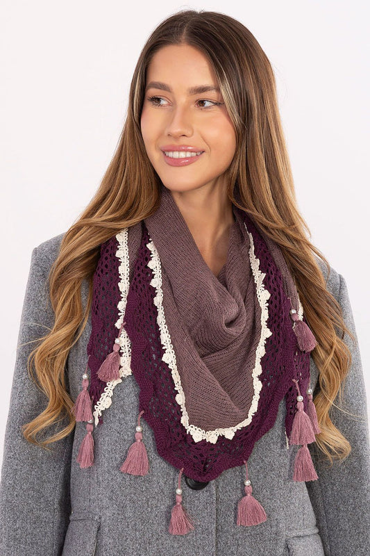 Elegant triangular viscose neckerchief scarf by AT, measuring 52x152 cm, featuring exquisite lace details and pearl fringes, ideal for adding a luxurious touch to any outfit.