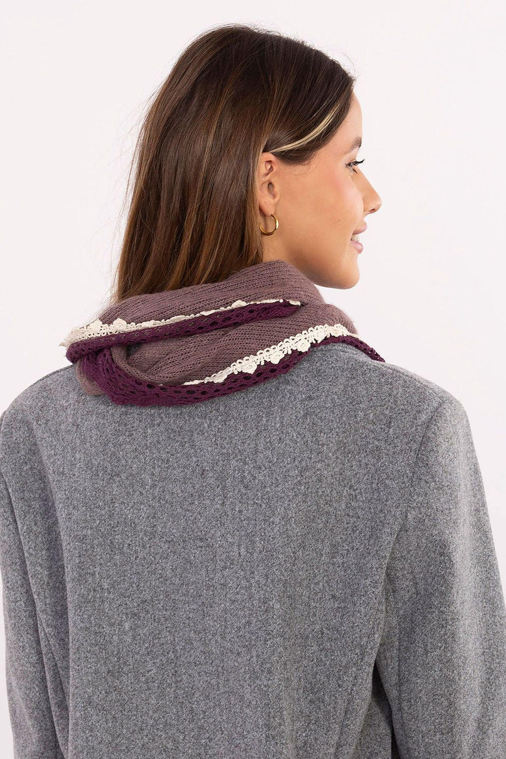 Feminine Viscose Neckerchief Scarf with romantic lace accents and pearl fringes, by AT, perfect for elevating both casual and elegant outfits.