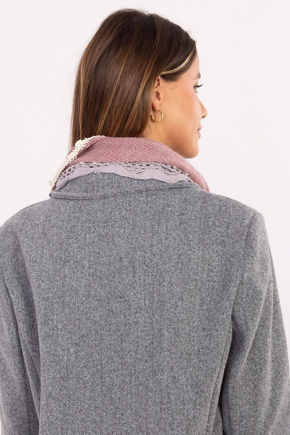 Elegant triangular neckerchief by AT, styled beautifully draped over shoulders, adding a touch of romance to both casual and formal outfits.