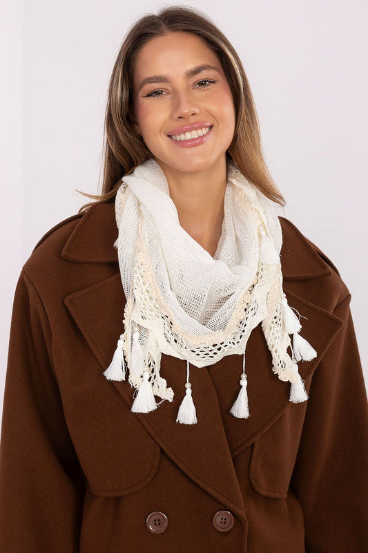 Elegant triangular viscose neckerchief scarf by AT, featuring lace and pearl fringe, perfect for adding a touch of luxury to any outfit.