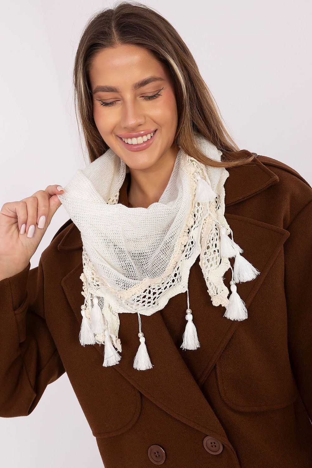 Elegant triangular viscose neckerchief scarf with romantic lace details by AT, ideal for enhancing everyday or special occasion outfits.