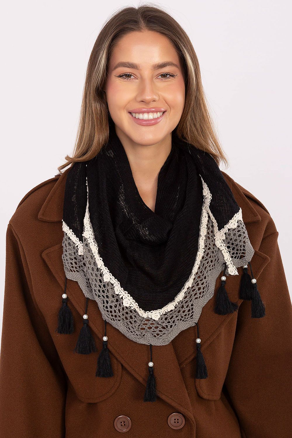 Elegant Viscose Neckerchief Scarf by AT, featuring intricate lace and pearl detailing, measuring 52cm x 152cm, perfect for adding a touch of luxury to both casual and formal outfits.