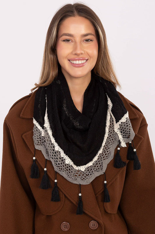 Elegant Viscose Neckerchief Scarf by AT, featuring intricate lace and pearl detailing, measuring 52cm x 152cm, perfect for adding a touch of luxury to both casual and formal outfits.