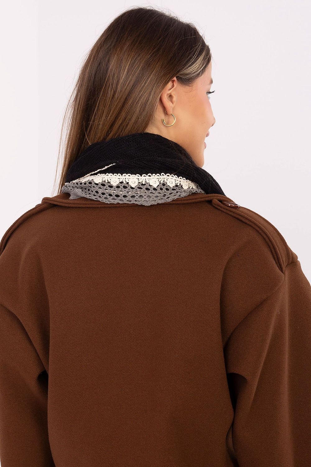 Sophisticated triangular viscose scarf by AT, showcasing intricate lace accents and elegant pearls for a refined look.