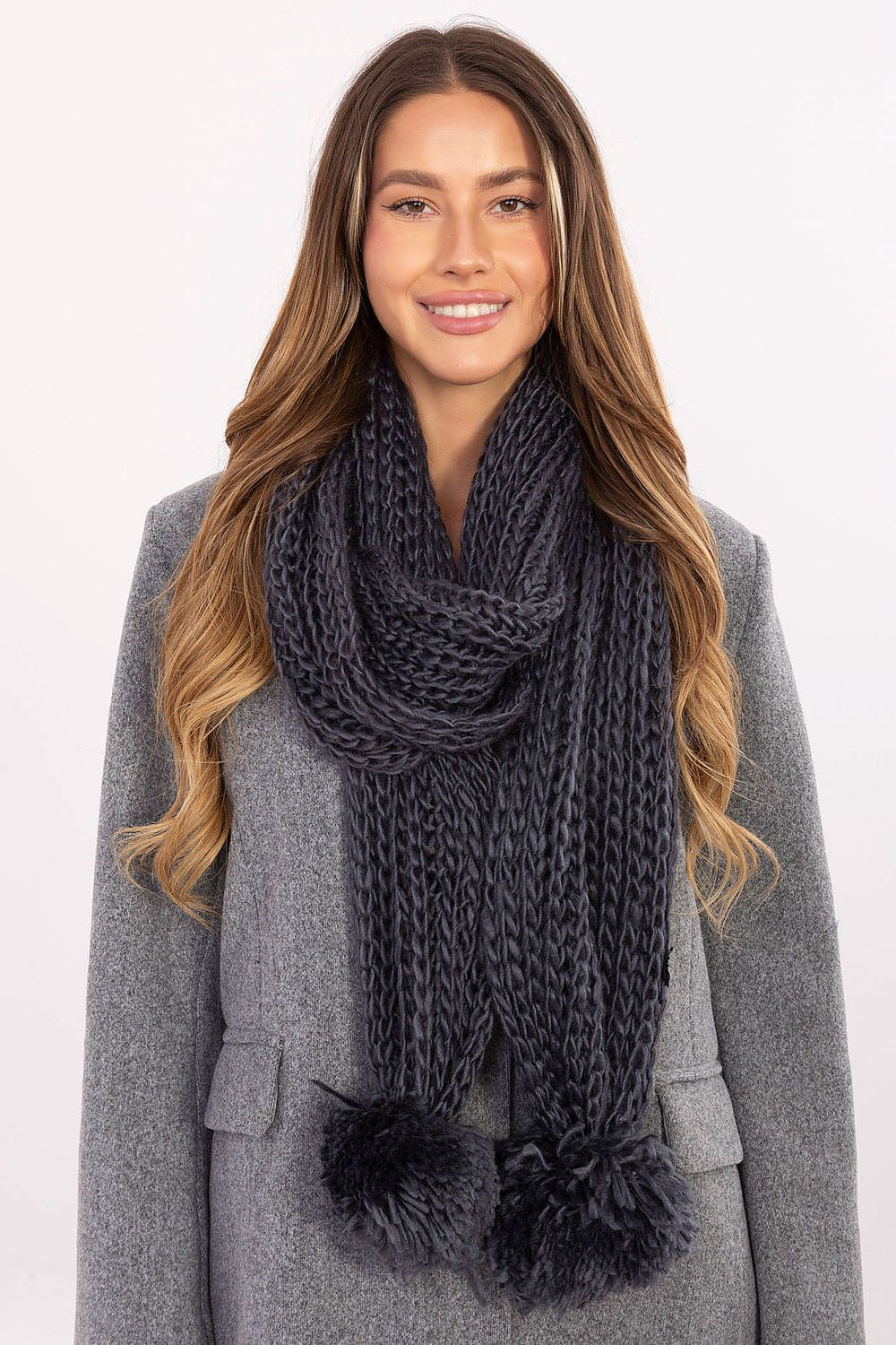 Luxurious 186 cm acrylic shawl scarf by AT featuring stylish pompons, perfect winter accessory for a cozy and fashionable look.