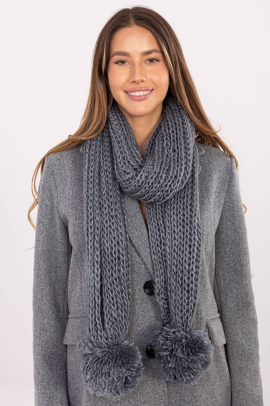 Luxury Soft Acrylic Shawl Scarf by AT featuring stylish pom poms, 186 cm long and 33 cm wide, perfect for winter styling.