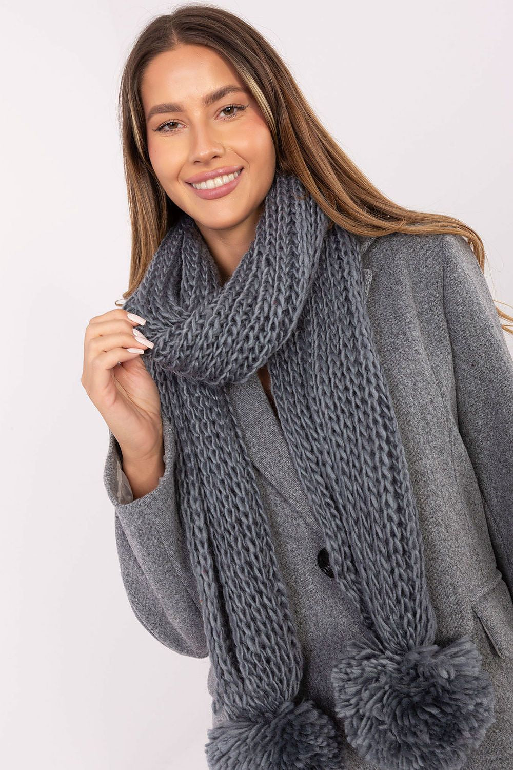 Versatile luxury scarf from AT, crafted from soft acrylic, 186 cm long with stylish pom poms, essential for a fashionable winter wardrobe.