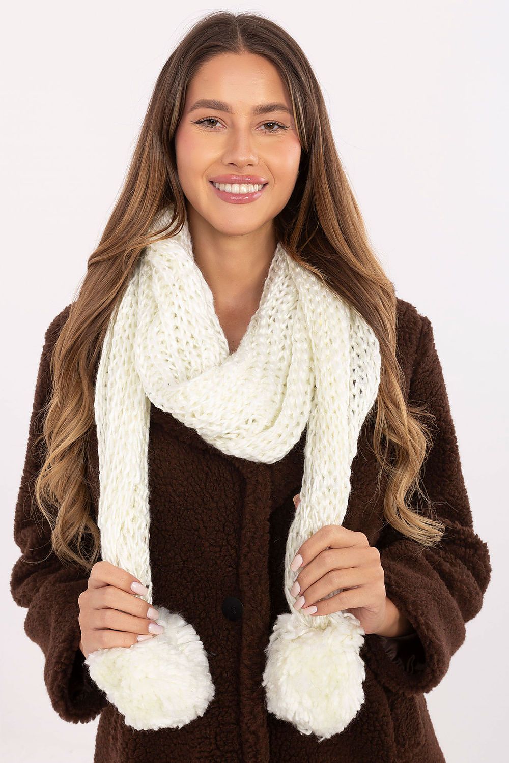 Luxury soft acrylic scarf by AT featuring pompons, measuring 186 cm long and 33 cm wide, perfect for stylish winter accessorising.