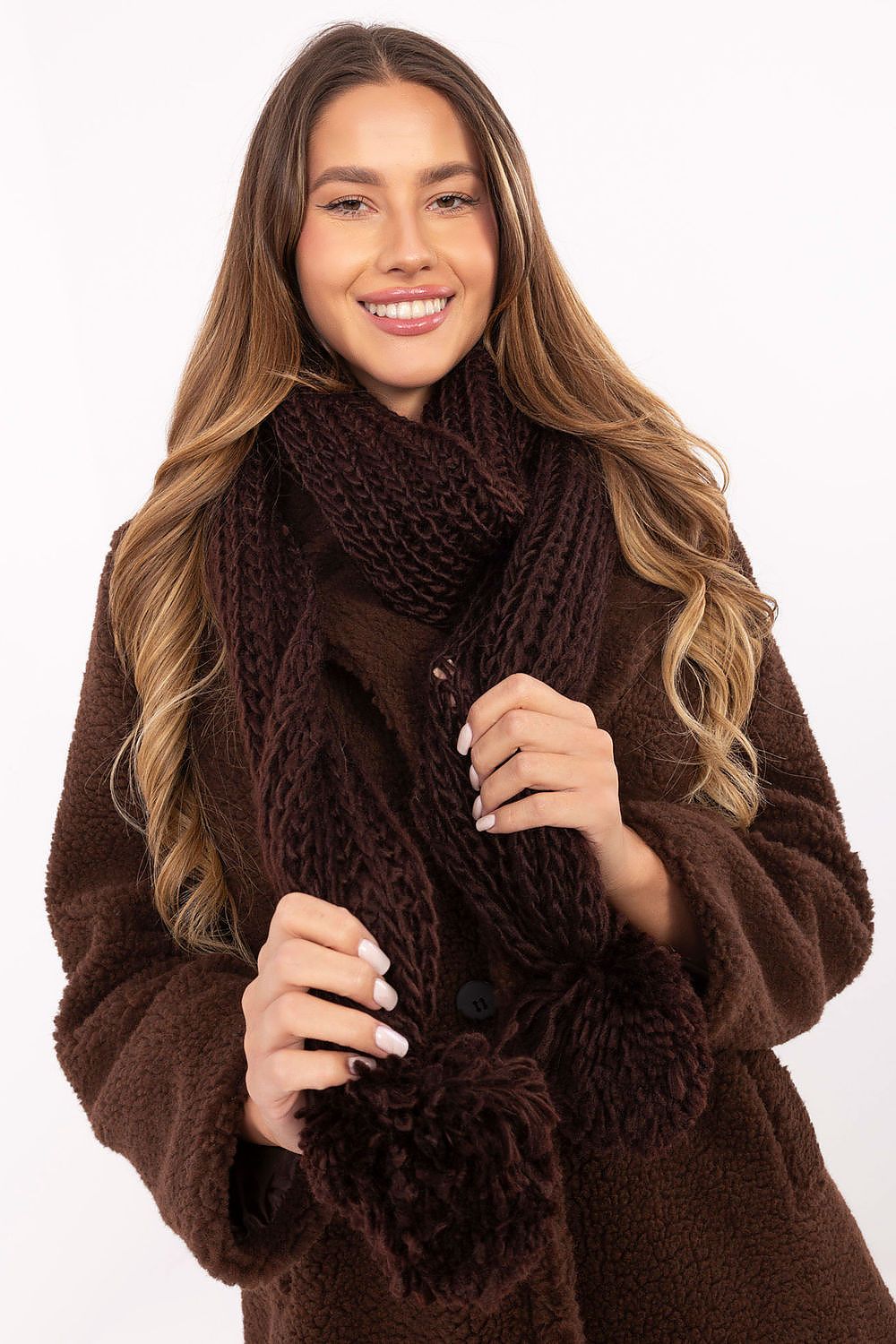 Luxurious 186cm long acrylic winter shawl scarf with stylish pompons by AT, perfect for keeping warm and adding a fashionable touch to your winter wardrobe.