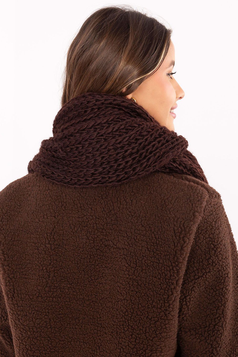 Cozy AT acrylic winter shawl scarf, elegantly draped showcasing its length and plush texture, ideal for stylish winter outfits.