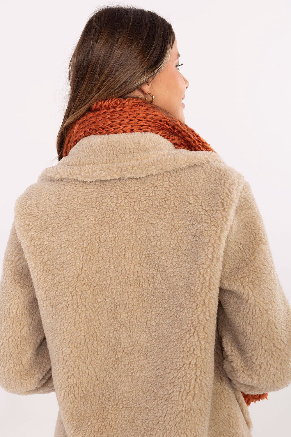 Elegant long acrylic shawl by AT, showcasing its smooth texture and fashionable pompons, a must-have winter accessory.