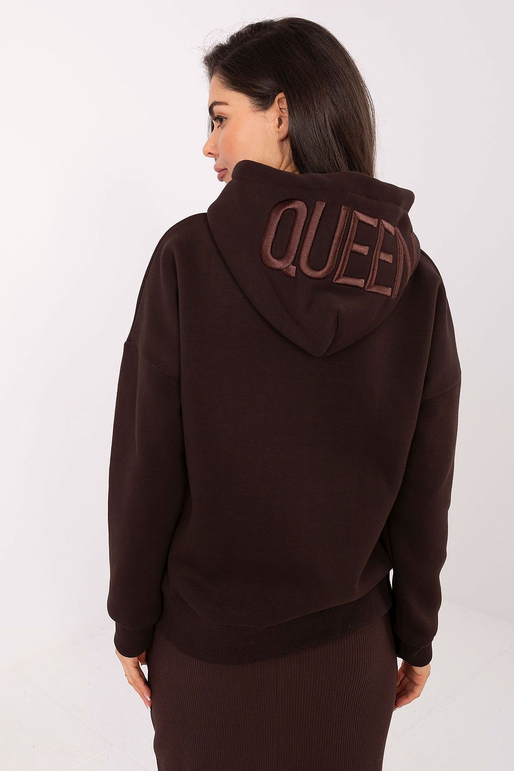 Elegant women's cotton spandex hoodie sweatshirt by Relevance, featuring a sporty casual style with a printed inscription, ideal for comfortable everyday wear.