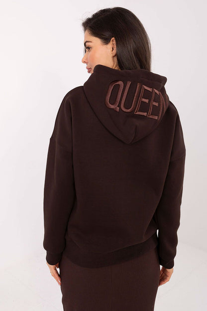 Elegant women's cotton spandex hoodie sweatshirt by Relevance, featuring a sporty casual style with a printed inscription, ideal for comfortable everyday wear.