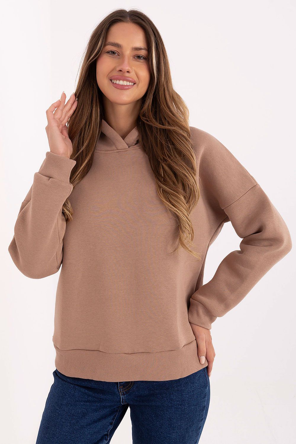 Luxurious women's hooded sweatshirt by Relevance, featuring a stylish design with long sleeves and a printed inscription, perfect for casual everyday wear.
