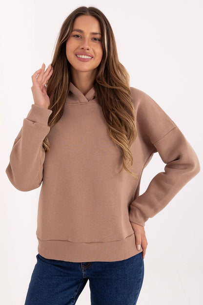 Luxurious women's hooded sweatshirt by Relevance, featuring a stylish design with long sleeves and a printed inscription, perfect for casual everyday wear.