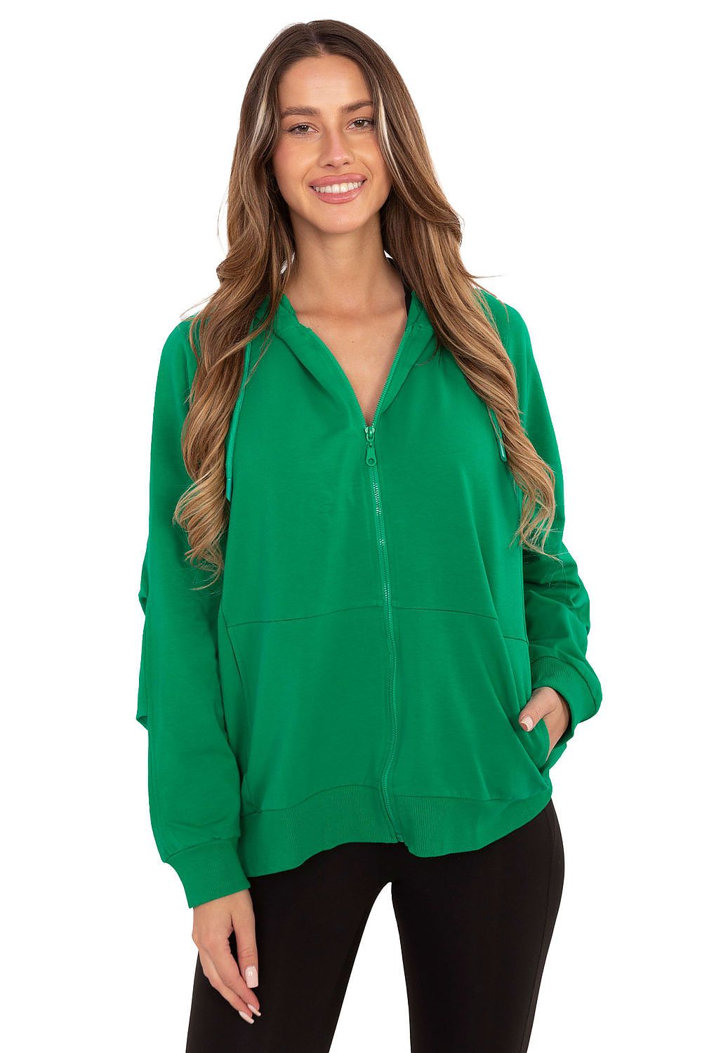 Elegant classic women's zipper hoodie sweatshirt by Relevance, featuring a soft cotton and spandex blend, designed for comfort and versatility with practical pockets, perfect for any season.