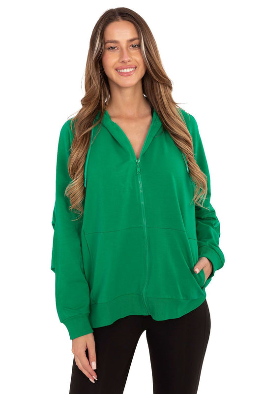 Elegant classic women's zipper hoodie sweatshirt by Relevance, featuring a soft cotton and spandex blend, designed for comfort and versatility with practical pockets, perfect for any season.