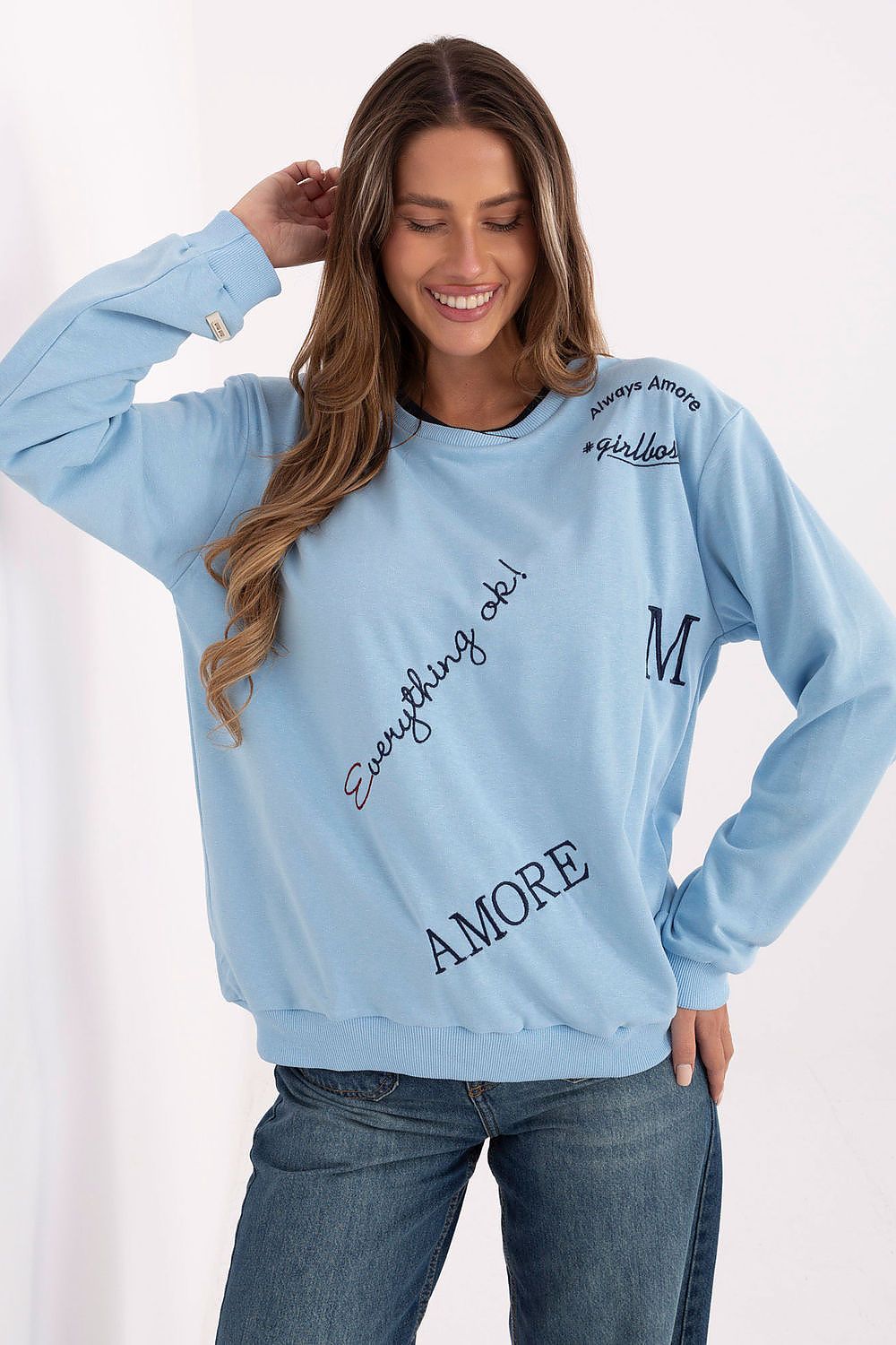 Luxury women's casual sweatshirt by Relevance, made from a soft cotton and polyester blend, featuring an elegant embroidered design, round neckline, and classic fit, perfect for stylish everyday wear.