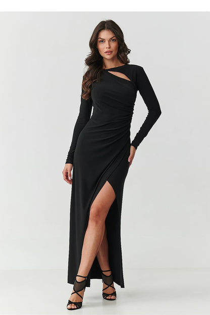 Luxurious fitted black maxi dress by Makadamia designed to enhance feminine silhouette with long sleeves and modern neckline.