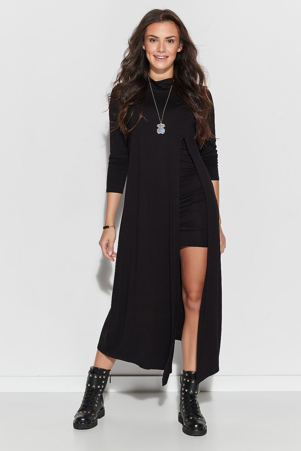 Elegant black viscose midi dress with deep slit by Makadamia, showcasing a flattering silhouette and designed for versatile styling.