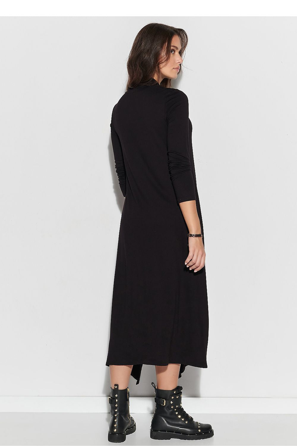 Sophisticated black viscose midi dress by Makadamia featuring a deep front slit, perfect for transitioning from day to evening wear.