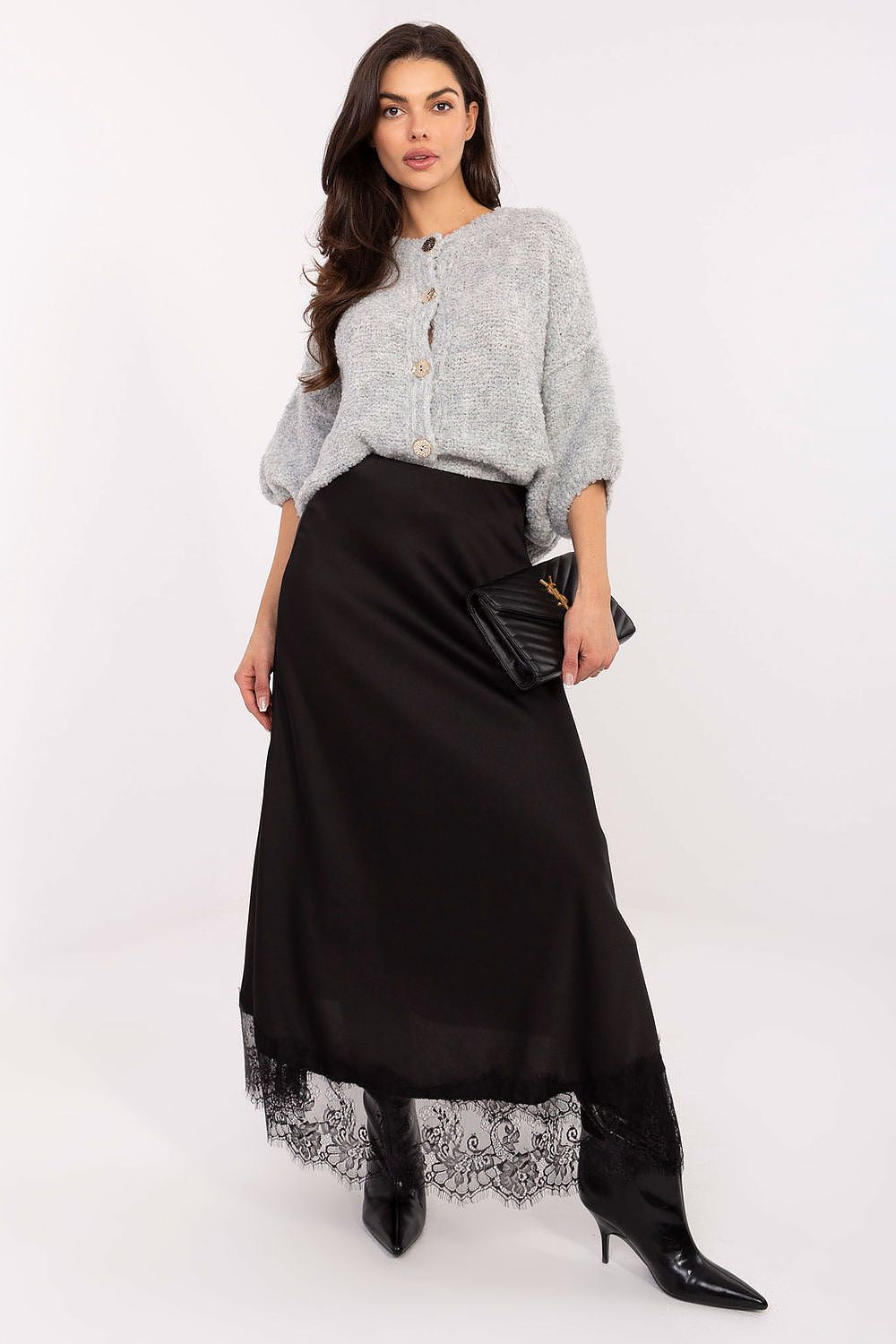 Elegant satin maxi skirt with lace trim by Rue Paris, showcasing a smooth texture and beautiful drape suitable for all occasions.