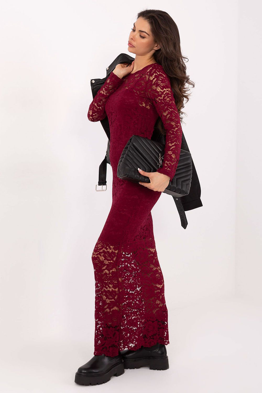 Full view of the luxurious Lace Maxi Dress by Rue Paris, featuring a flattering silhouette with a feminine design, ideal for elegant occasions.