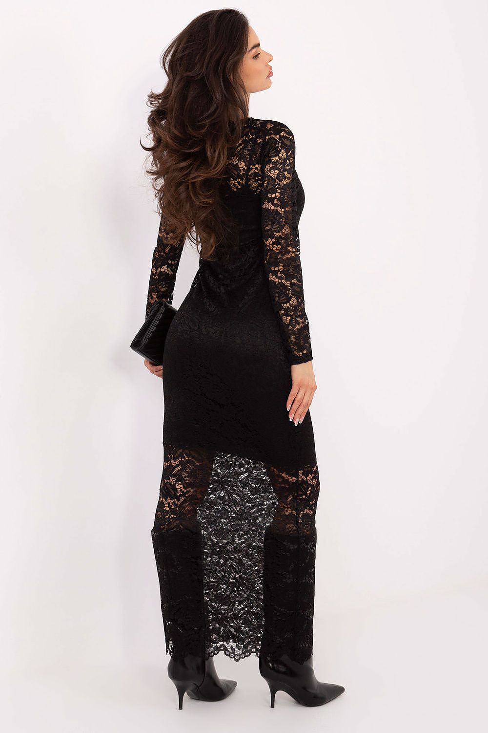 Elegant lace maxi dress with long sleeves from Rue Paris, showcasing a timeless and sophisticated design, ideal for women desiring a delicate yet striking outfit.