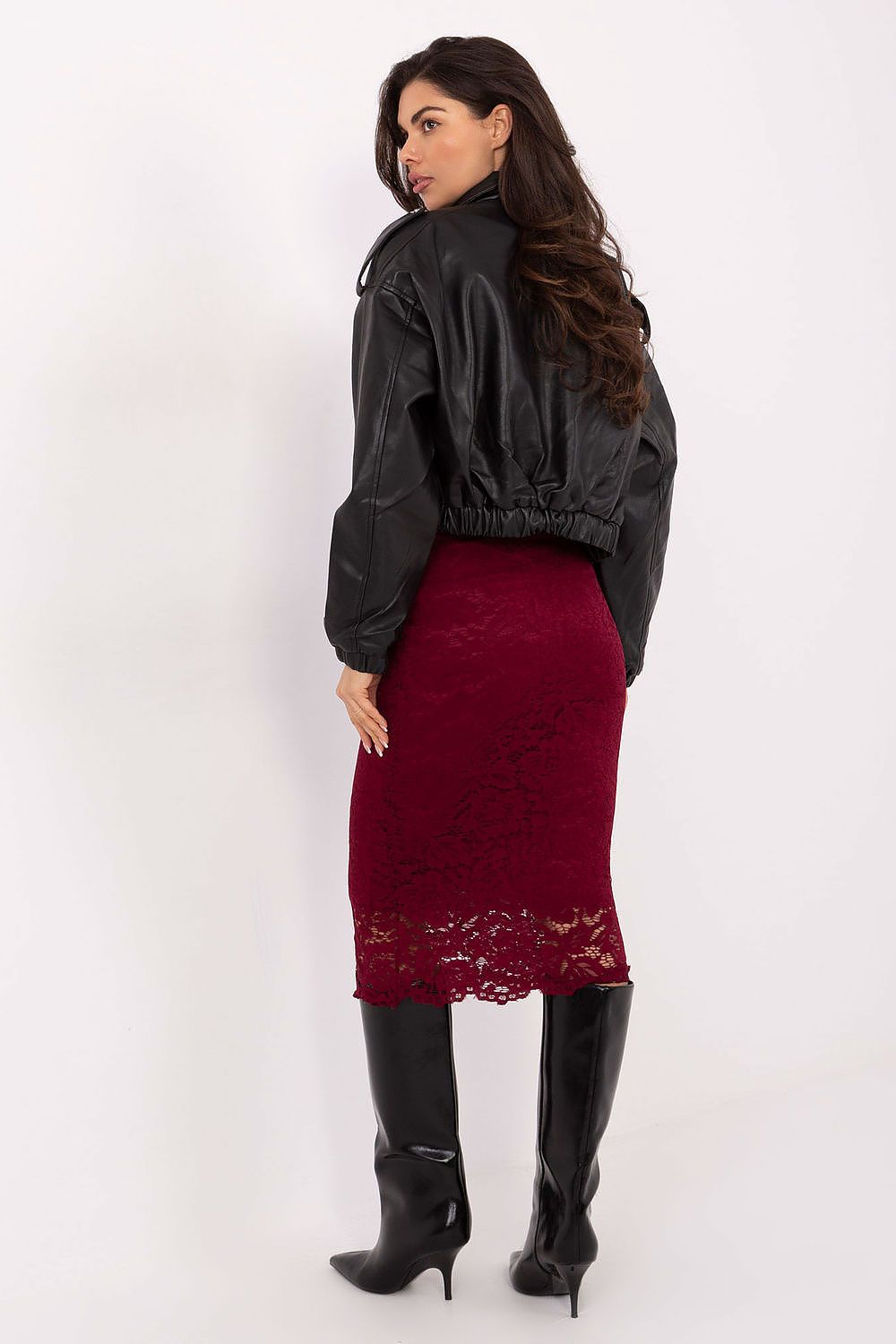 A model wearing the Rue Paris Elegant Lace Midi Skirt, demonstrating its perfect fit and versatility for both casual and formal occasions.