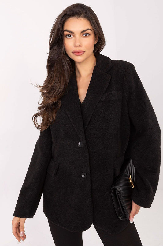 Elegant women's boucle coat in blazer cut by Rue Paris, size EU 0, showcasing its chic design perfect for autumn and winter wear.