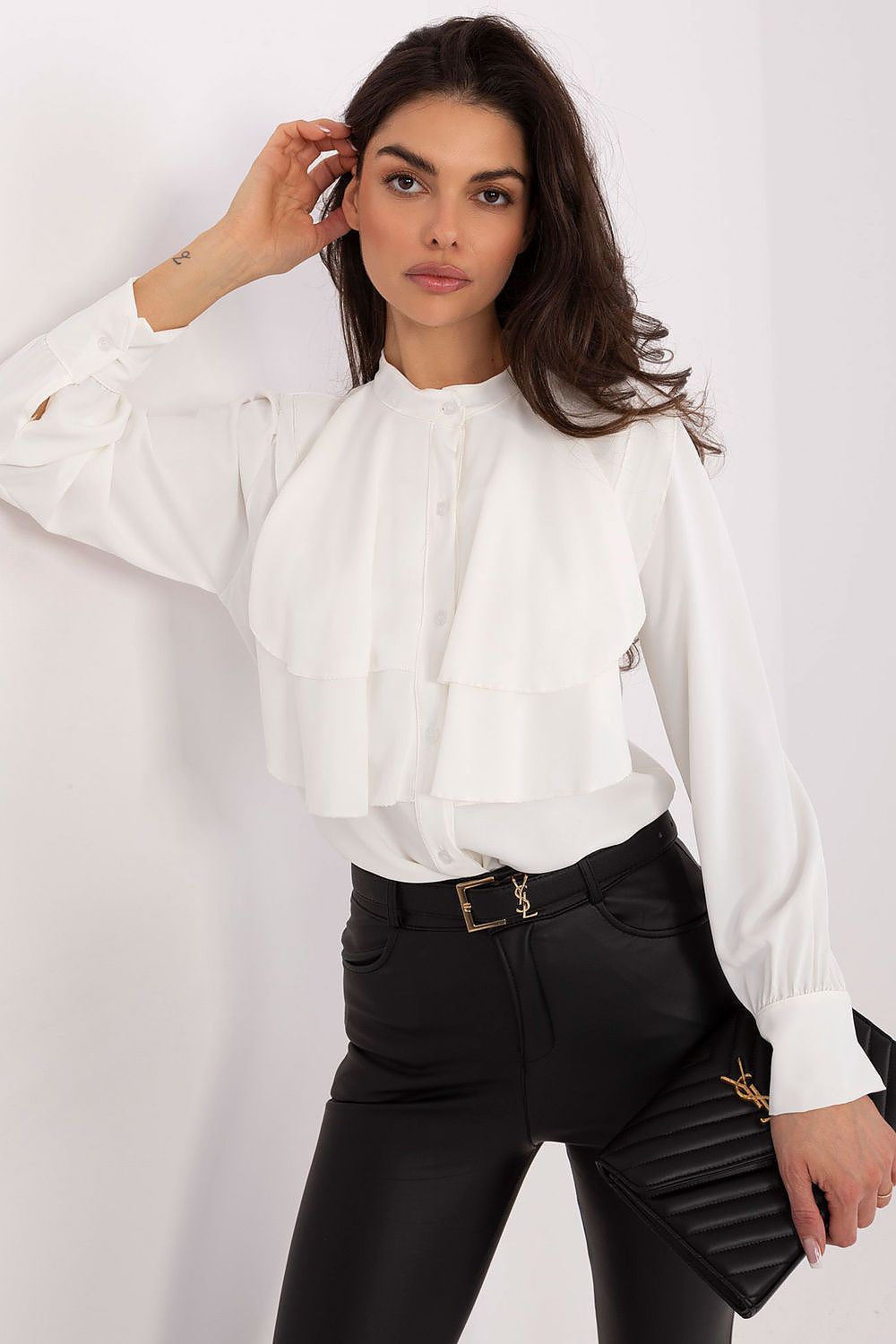 Elegant collarless long sleeve shirt by Rue Paris, featuring a chic jabot detail and crafted from a luxurious viscose-polyester blend, perfect for sophisticated looks.