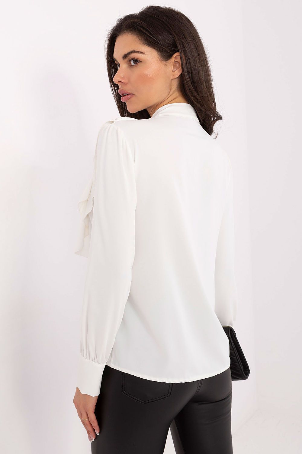 Full view of the Rue Paris collarless long sleeve shirt in size EU 0, elegantly styled, showcasing its versatility and comfort in luxury fashion.