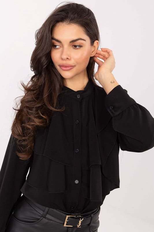Elegant collarless long sleeve women's shirt by Rue Paris, crafted from a soft viscose and polyester blend, perfect for sophisticated outfits, suitable for casual and formal occasions.