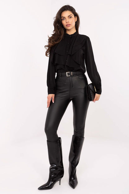 Elegant collarless women's shirt by Rue Paris, made from a luxurious blend of soft viscose and polyester, featuring a round neckline and long sleeves.