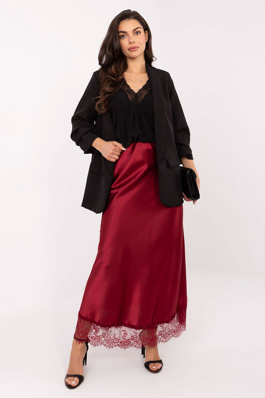 Elegant satin maxi skirt with lace trim by Rue Paris, showcasing a delicate shimmer and romantic style, perfect for various occasions.