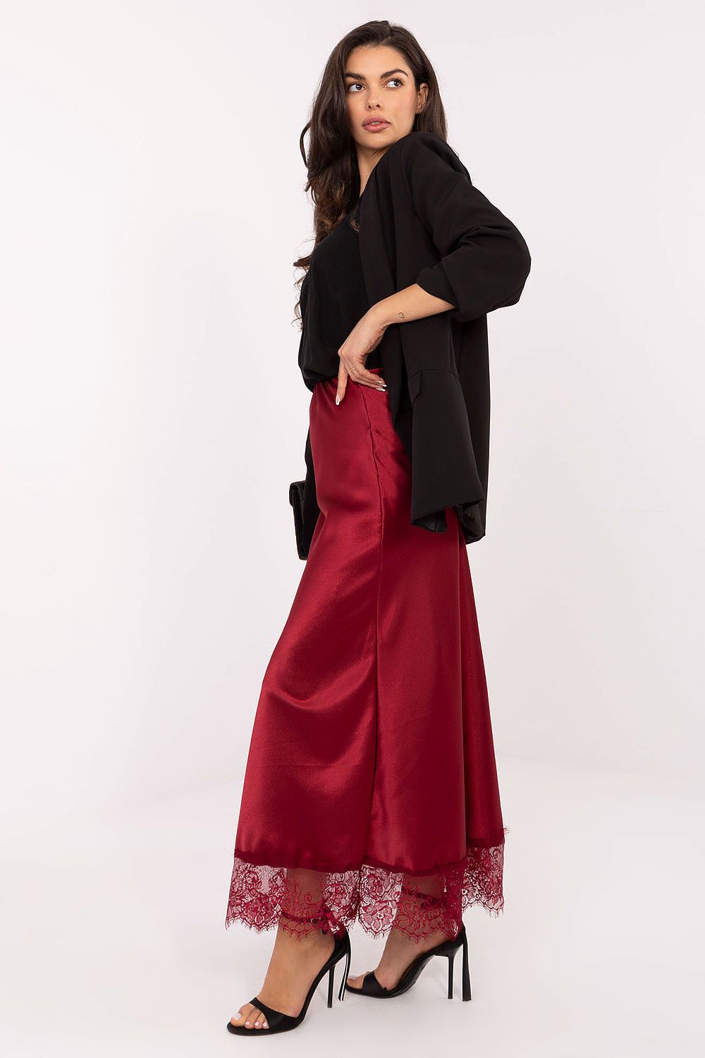 Luxurious satin maxi skirt with a lace hem designed by Rue Paris, featuring a comfortable elastic waistband and flattering maxi length.