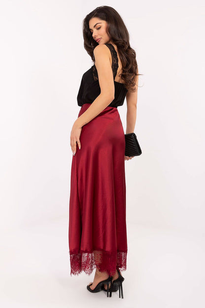Elegant satin maxi skirt with lace trim by Rue Paris, showcasing a delicate shimmer and smooth texture, perfect for adding a touch of luxury to any occasion.