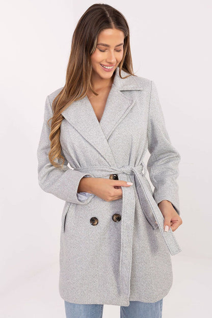 Elegant mid-thigh women's coat with belt and striped pattern from Rue Paris, perfect for stylish layering in transitional seasons.