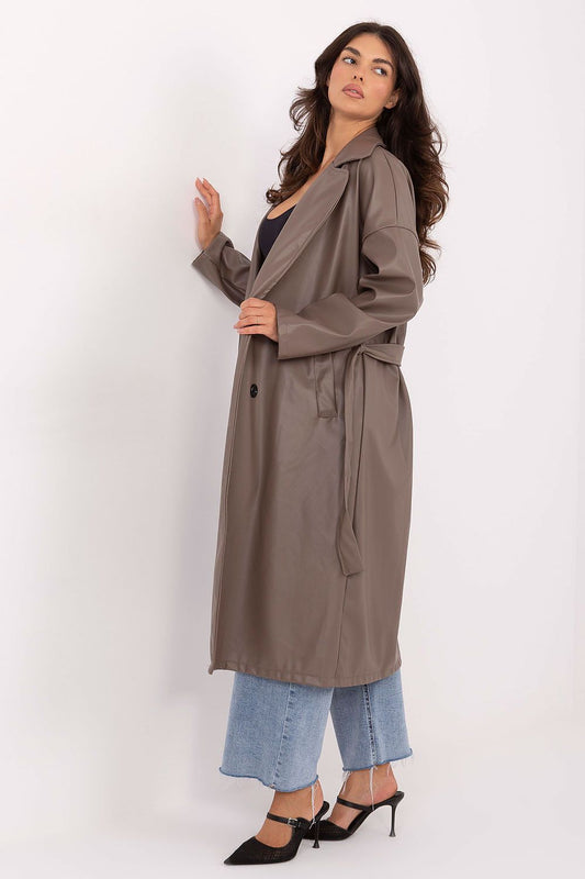 Elegant double-breasted women's coat by Rue Paris, designed for a timeless casual look with a waist tie belt for silhouette enhancement.