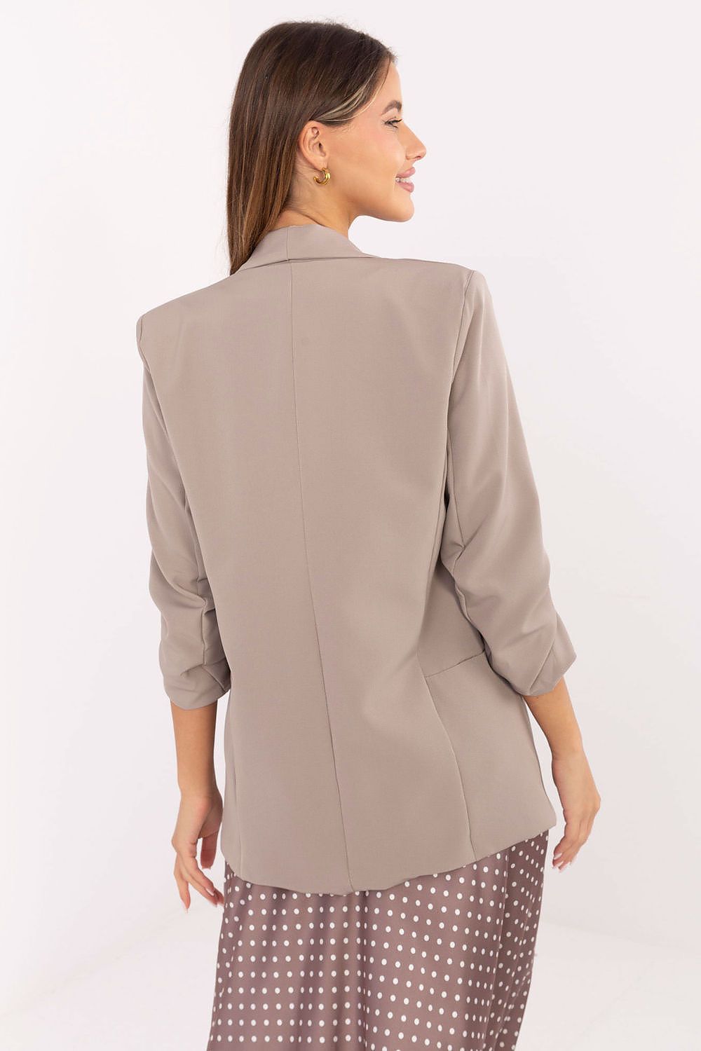 Full view of Rue Paris elegant women's blazer in EU S/M size, perfect for enhancing any outfit with its chic and comfortable design.