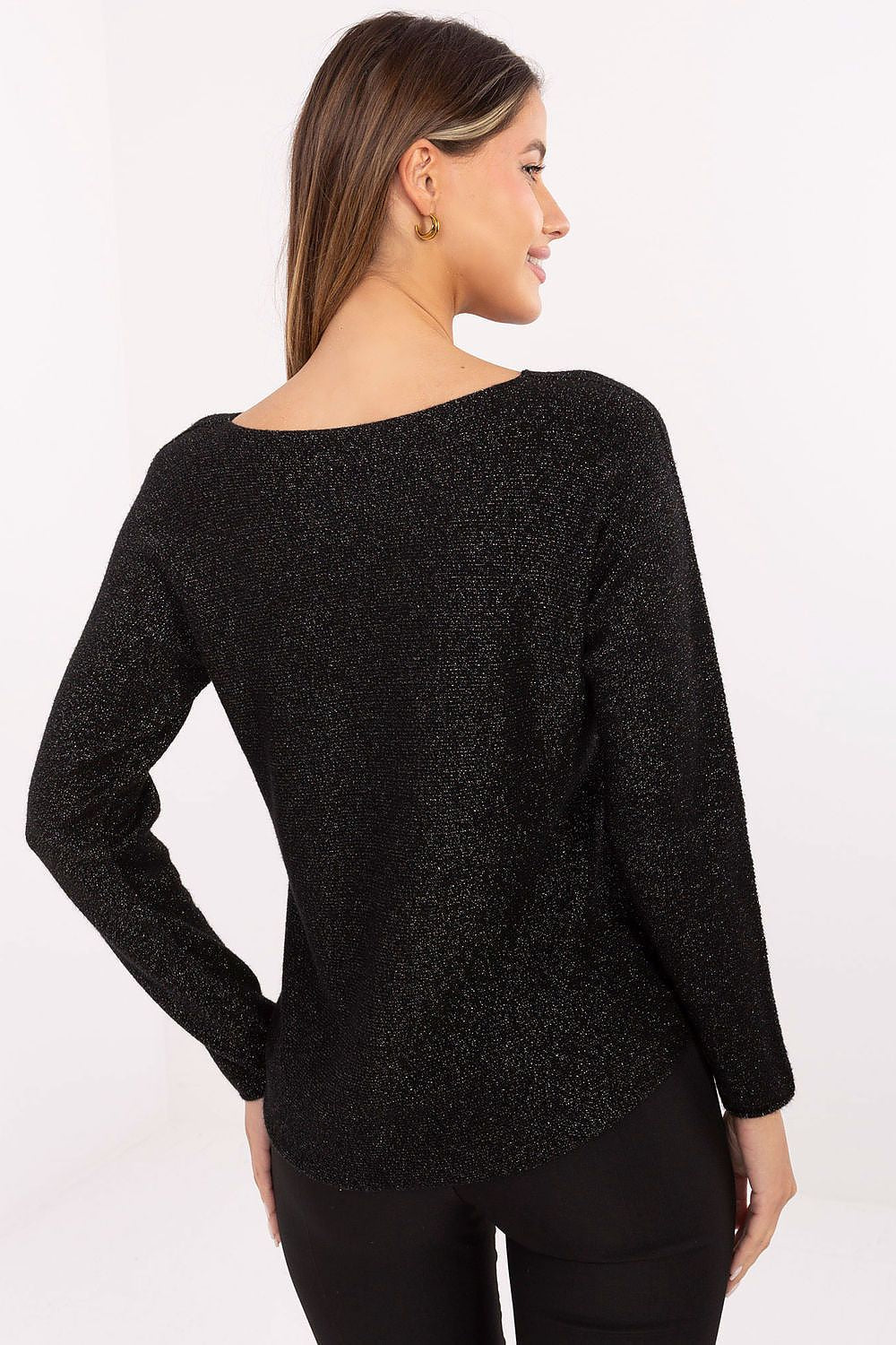 Stylish Women's Sequin Sweater by Rue Paris featuring a round neckline and long sleeves, ideal for both everyday and festive wear.