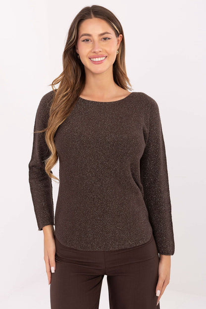 Elegant women's lurex sweater by Rue Paris in soft viscose-nylon blend, showcasing a sophisticated round neckline and long sleeves, perfect for refined casual and evening wear.