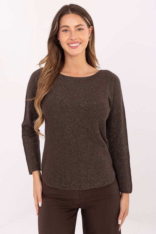 Elegant women's lurex sweater by Rue Paris in soft viscose-nylon blend, showcasing a sophisticated round neckline and long sleeves, perfect for refined casual and evening wear.