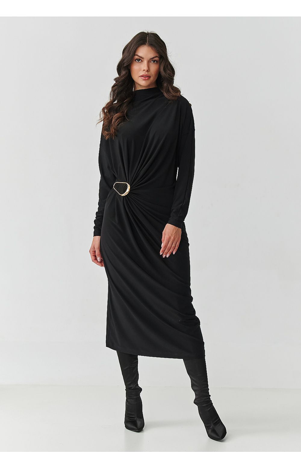 Elegant Makadamia midi dress in black with decorative ruching and buckle, perfect for sophisticated occasions.