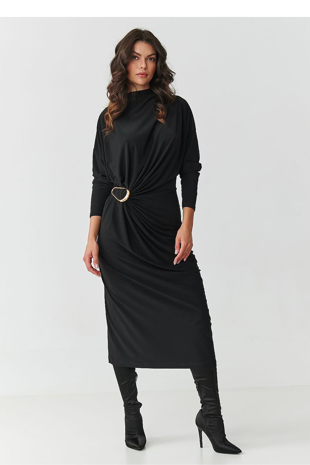 Stylish long-sleeve black midi dress by Makadamia, featuring a flattering loose fit and exquisite detailing suitable for all body types.
