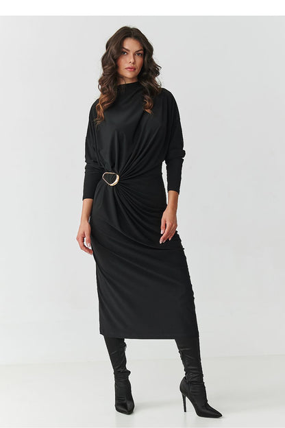 Stylish long-sleeve black midi dress by Makadamia, featuring a flattering loose fit and exquisite detailing suitable for all body types.