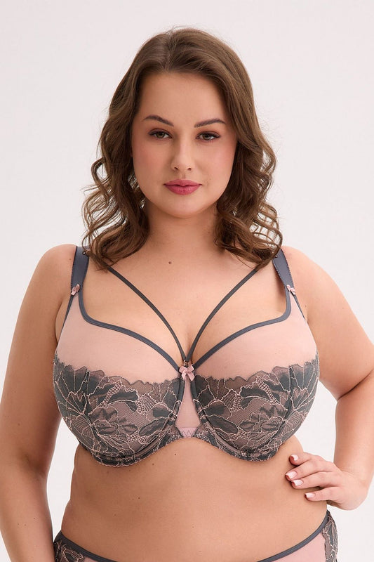 Elegant Gaia semi-soft bra featuring a detachable choker, designed for superior comfort and support for EU sizes 75 to 105, showcasing delicate embroidery and mesh details.