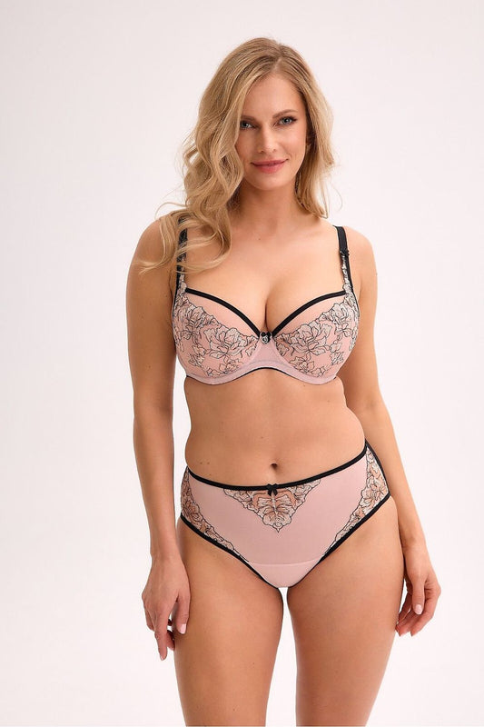 Elegant semi-soft bra by Gaia featuring delicate foam cups, adjustable straps, and exquisite embroidery, available in sizes EU 70D-95E.