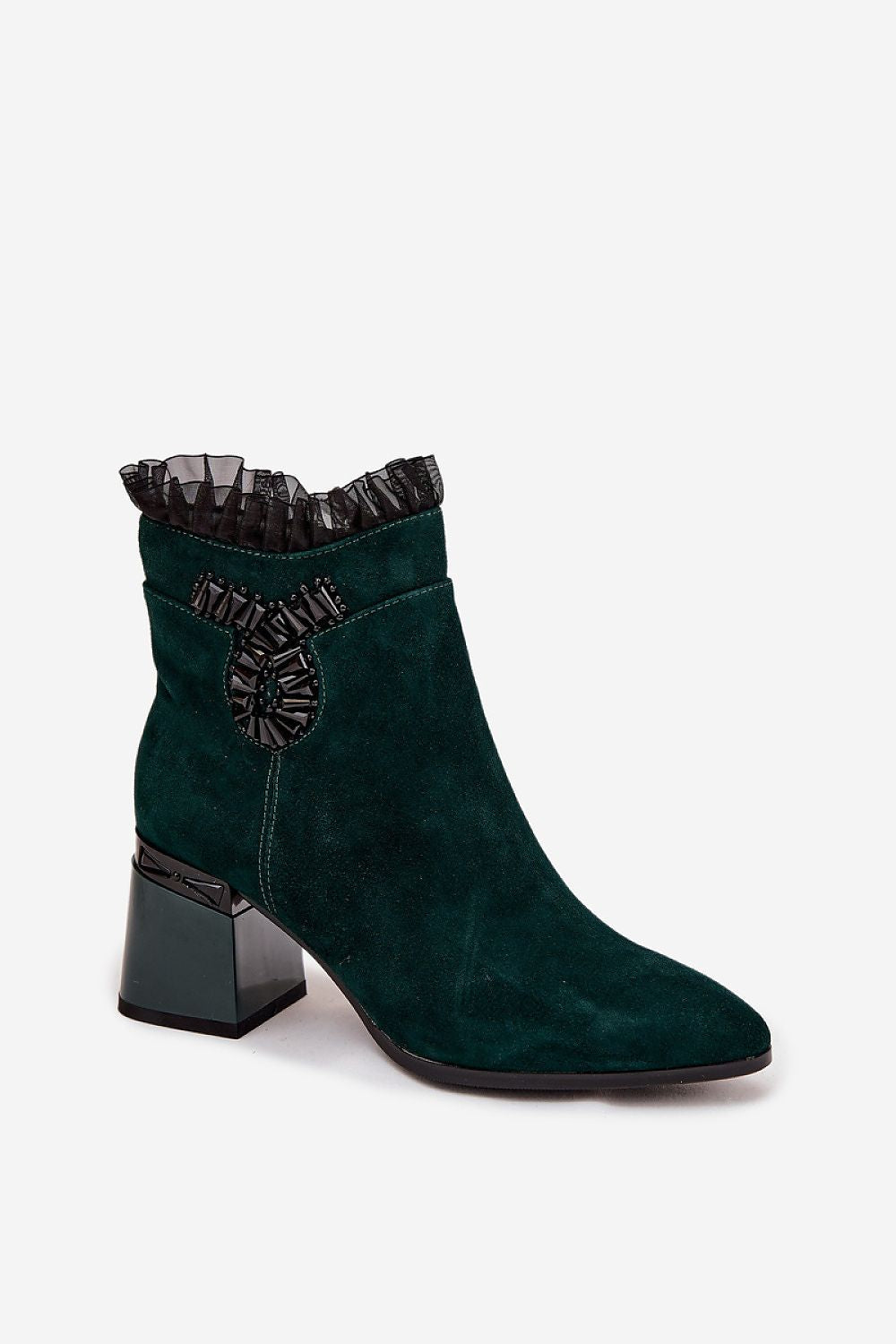 Step in Style insulated women's ankle boots in luxurious suede, showcasing a decorative side ornament and pleated mesh detail, ideal for chic cold-weather outfits.